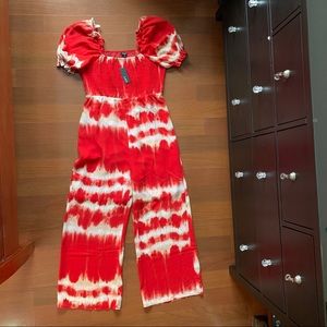 L.N.V. red & tan puff sleeve tie-dye jumpsuit